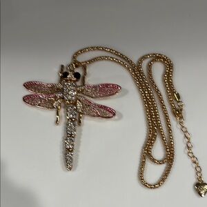 Gold and Pink Dragonfly Necklace with Sparkling Pendant